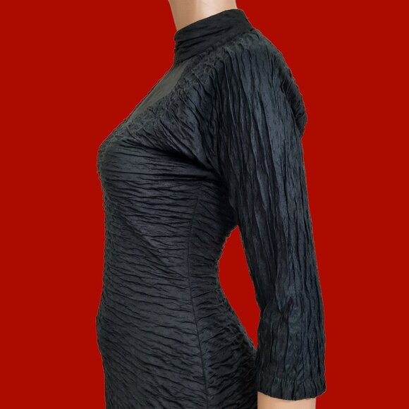 Vintage 90s Black Gothic Vampy Midi Dress Size S High Neck Cut Out Crinkled - Picture 5 of 10